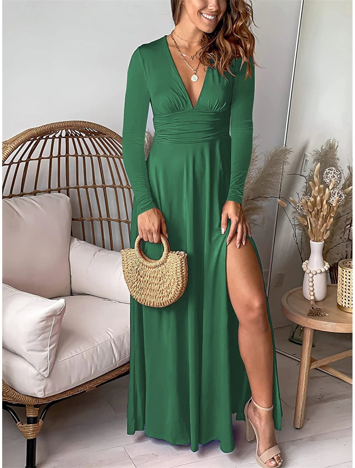 Women's Maxi Dress Party Dress Elegant Stylish Ethnic Vacation Party Daily Regular Fit Plain Long Sleeve V Neck Blue Green Spring Fall