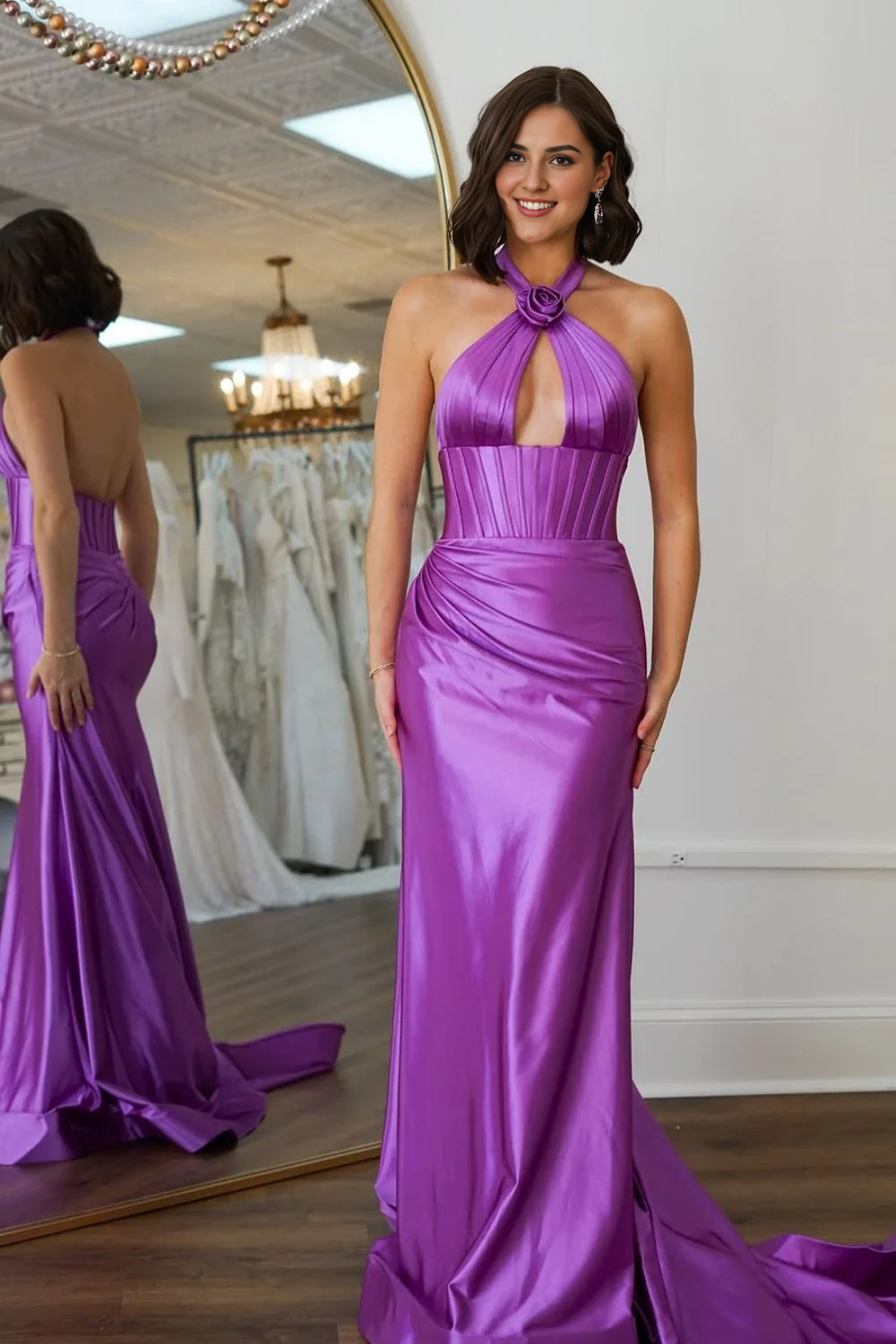 DingJiDress Sweet Mermaid Unique Halter Neck Pleated Backless Long Satin Sweep Train Prom Dress
