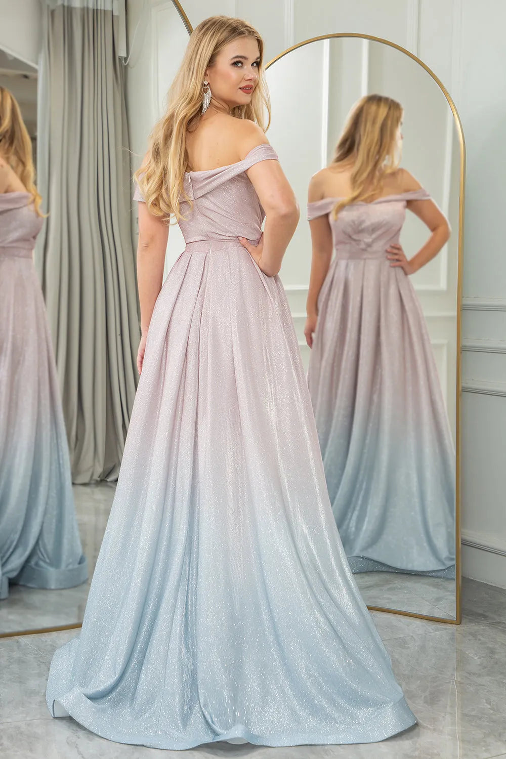 Simple and atmospheric A-line version off shoulder long ball party dress
