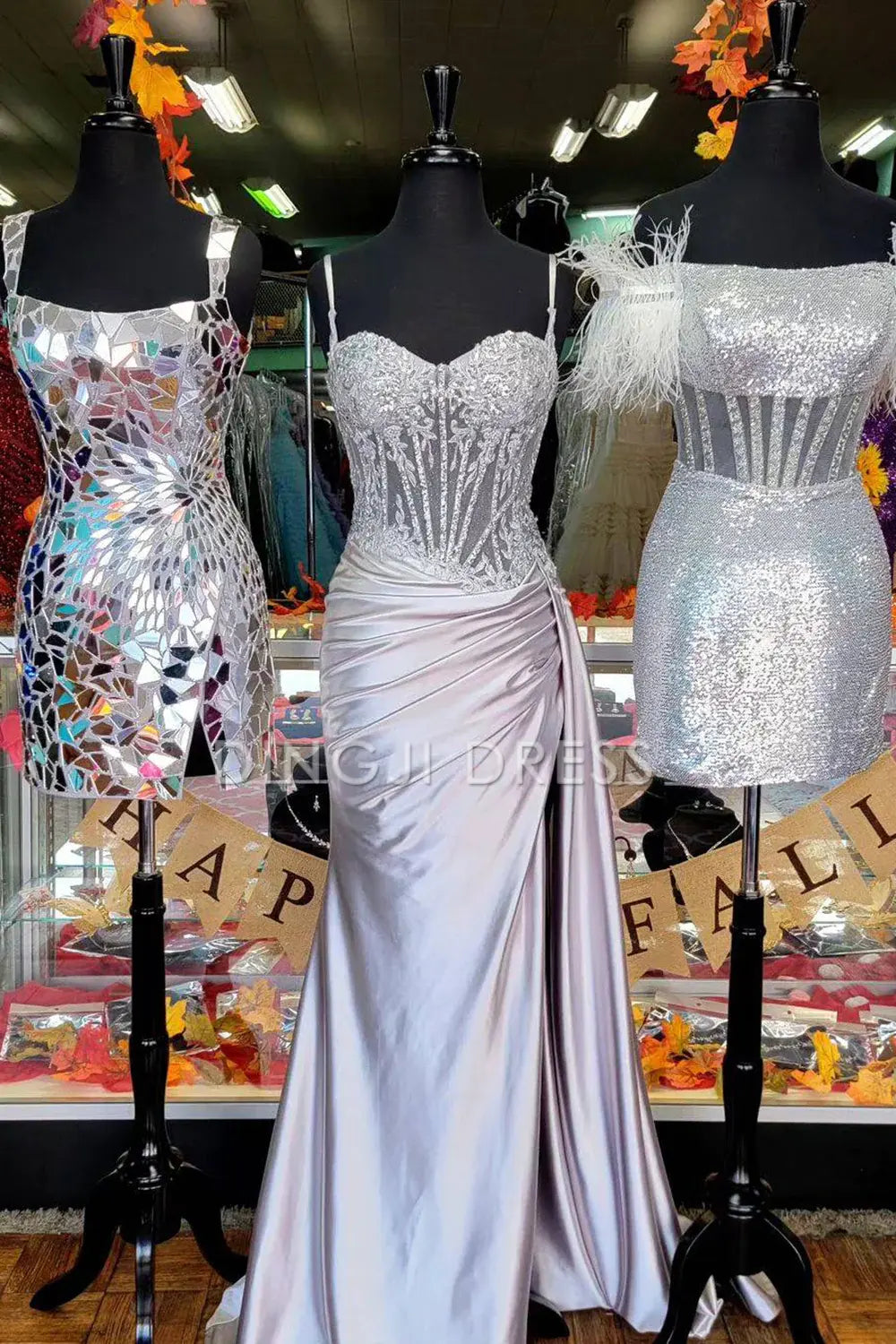 DingJiDress Stunning Mermaid Spaghetti Straps Pleated Long Glitter High Slit Luxurious Prom Dress