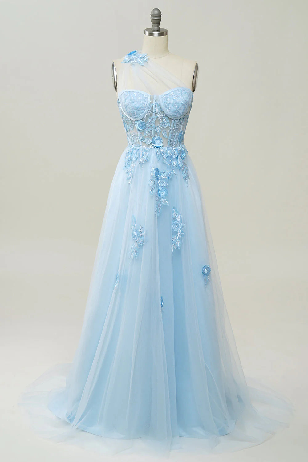 Black one shoulder long chiffon applique ball dress