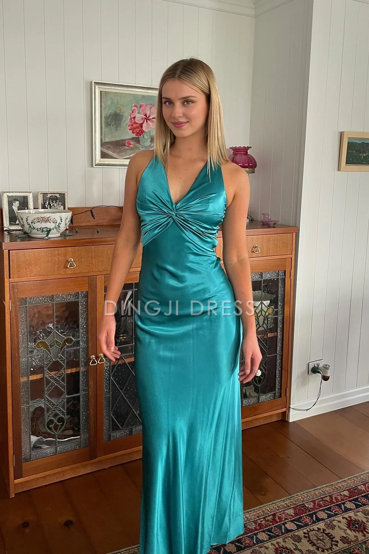 DingJiDress Chic Sheath Halter Neck Backless Bowknot Long Elegant Prom Dress