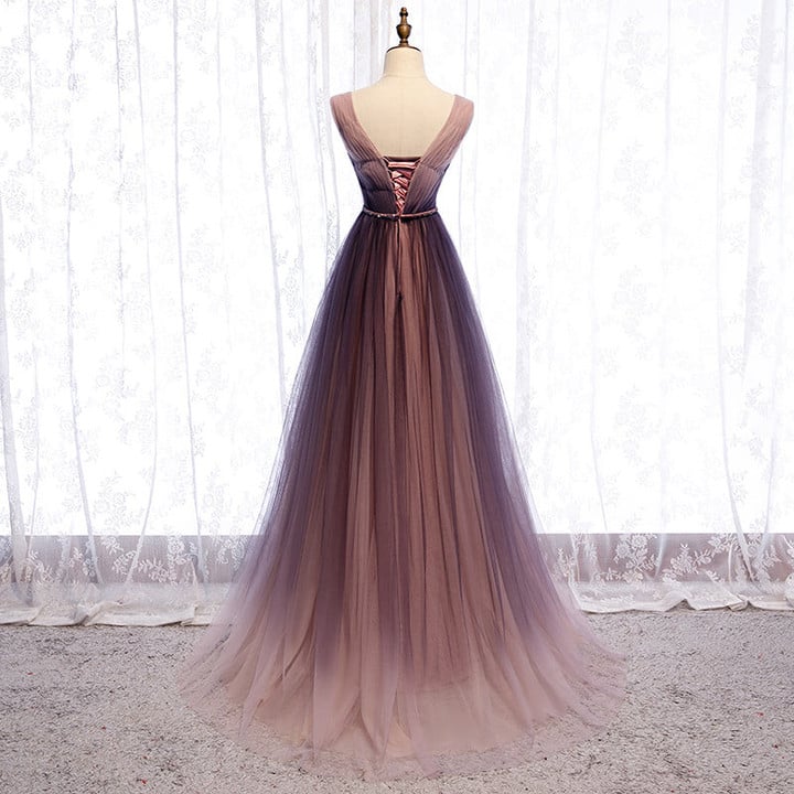Gradient V-neckline Tulle Long Prom Dress Party Dress Gradient Evening Gown