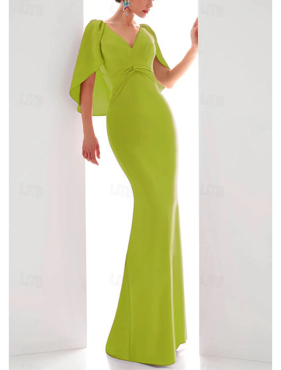 heath Evening Gown Elegant Dress Formal Fall Floor Length Short Sleeve V Neck Stretch Chiffon with Ruched Ruffles