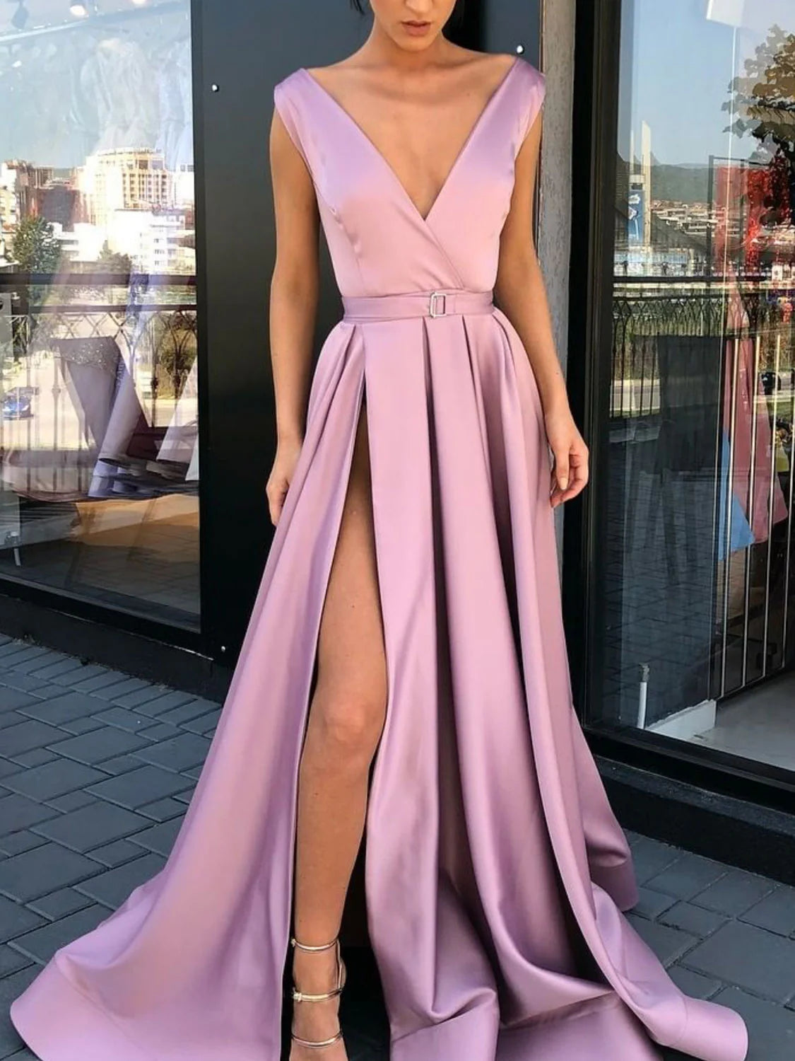 Simple v neck satin long prom dress pink evening dress