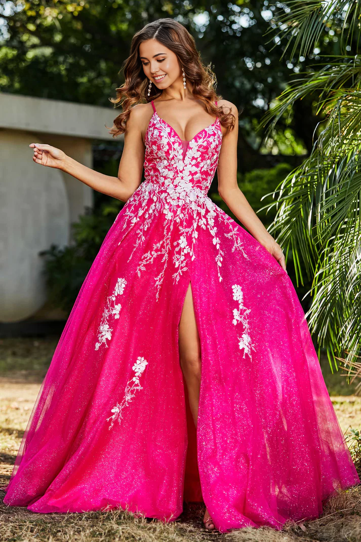 DingJiDress Formal Women's Dresses A-Line V-neck Spaghetti Straps Tulle Lace Applique Ruched Slit Lace Up Backless Floor-Length Prom Dresses