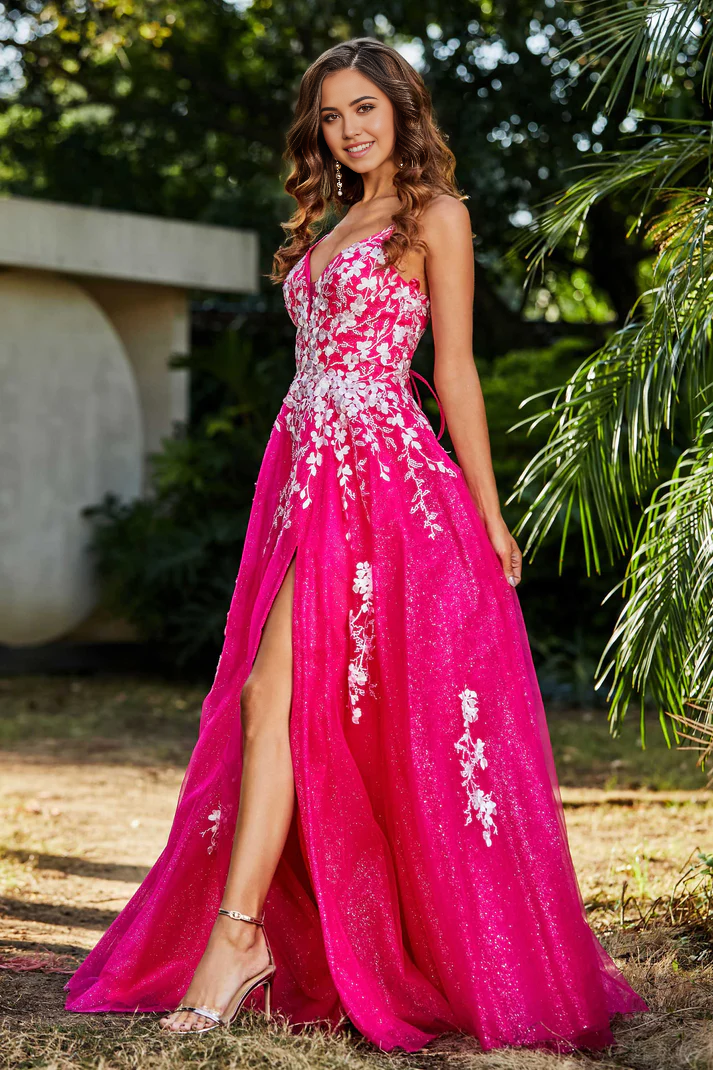 DingJiDress Formal Women's Dresses A-Line V-neck Spaghetti Straps Tulle Lace Applique Ruched Slit Lace Up Backless Floor-Length Prom Dresses