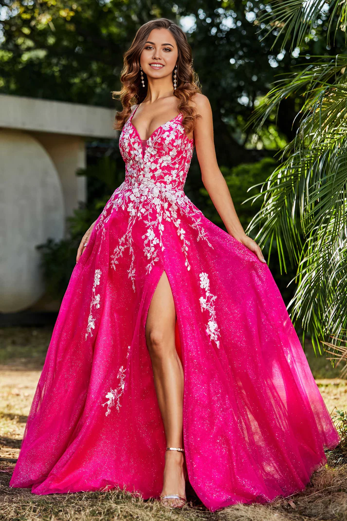 DingJiDress Formal Women's Dresses A-Line V-neck Spaghetti Straps Tulle Lace Applique Ruched Slit Lace Up Backless Floor-Length Prom Dresses