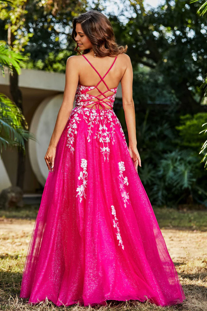DingJiDress Formal Women's Dresses A-Line V-neck Spaghetti Straps Tulle Lace Applique Ruched Slit Lace Up Backless Floor-Length Prom Dresses
