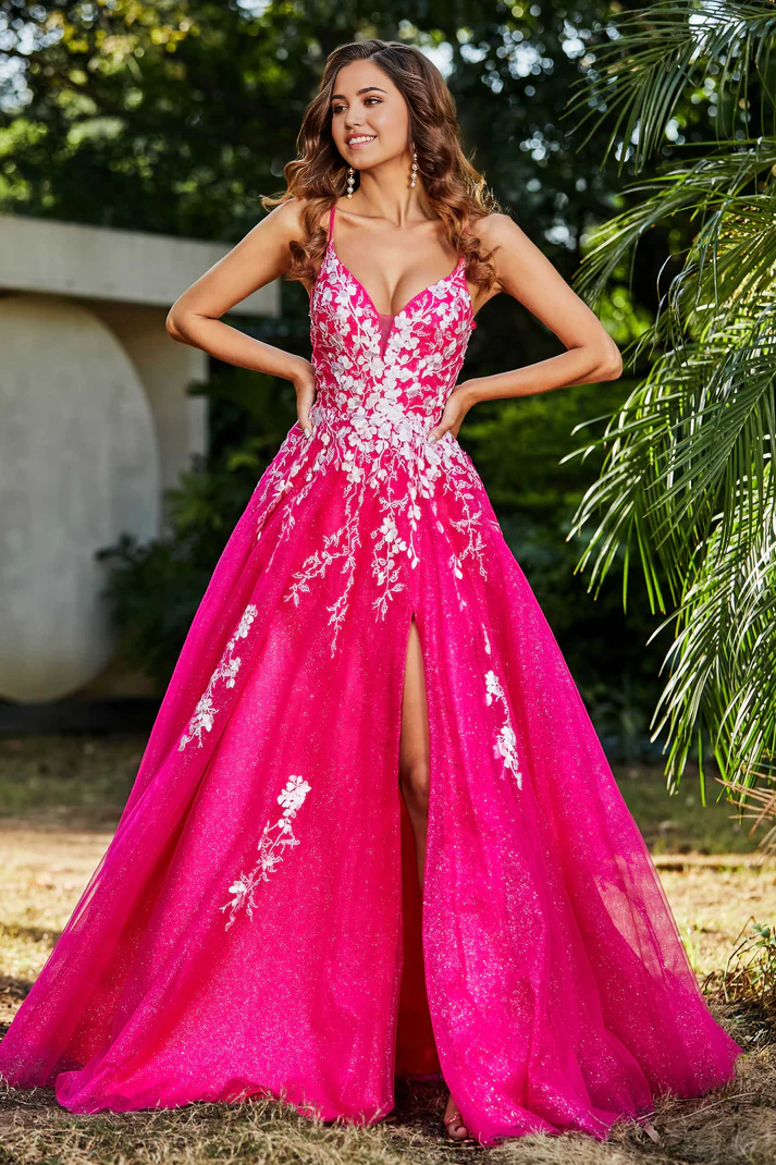 DingJiDress Formal Women's Dresses A-Line V-neck Spaghetti Straps Tulle Lace Applique Ruched Slit Lace Up Backless Floor-Length Prom Dresses