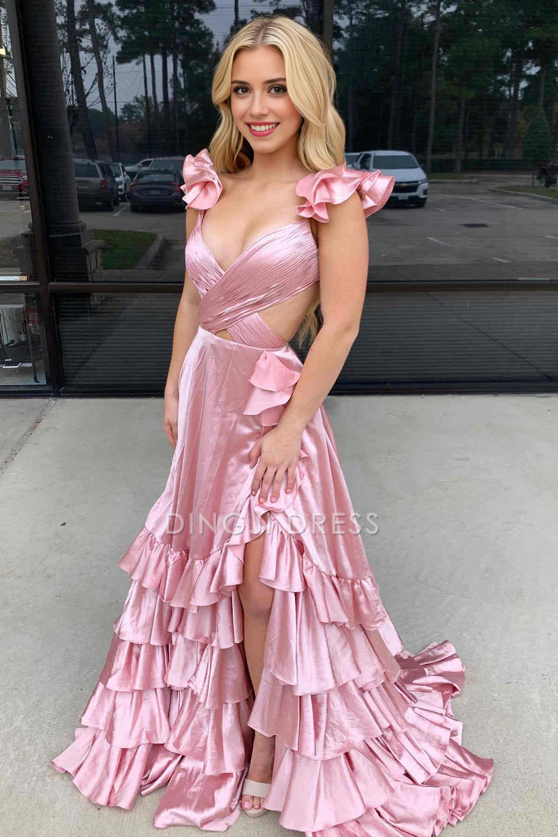 DingJiDress Formal Dress Sexy A-Line V-Neck Sleeveless Ruched Tiered Backless With Side Slit Charming Prom Dress