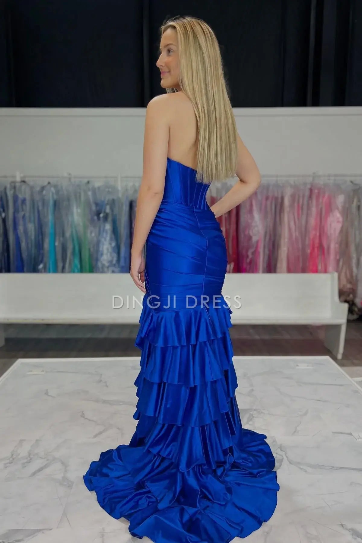 DingJiDress Charming Mermaid Sweetheart Strapless Ruched Tiered Satin With Slit Gorgeous Prom Dress