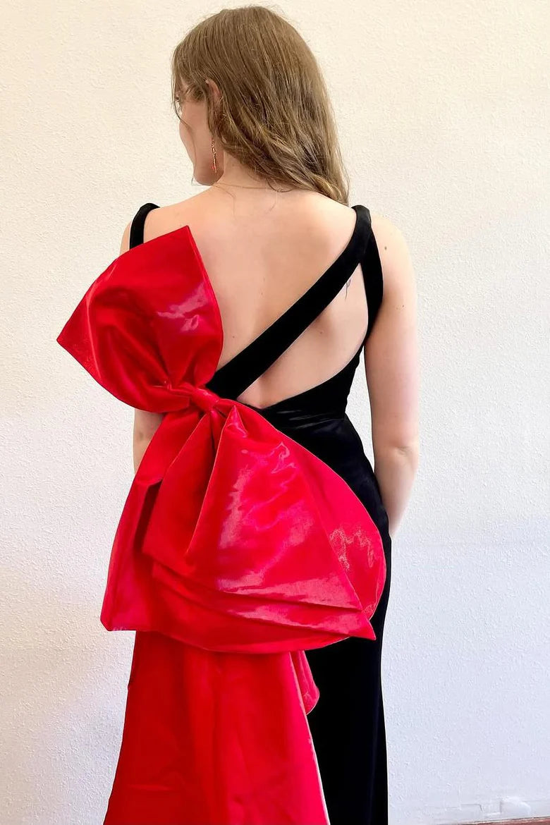 Mermaid V-Neck Straps Side Slit Big Bow Long Formal Prom Dress