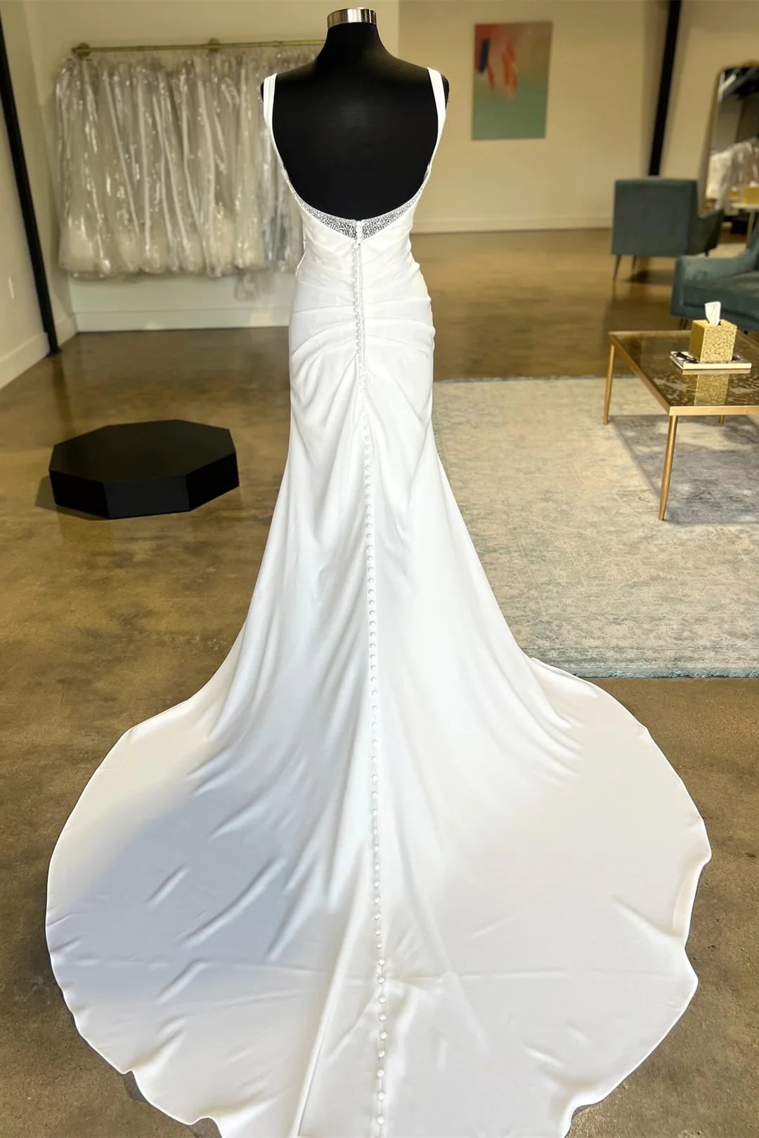 White Backless Ruched Wedding Dress with Detachable Sleeves