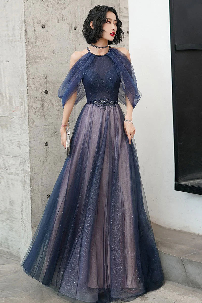 Blue tulle long prom dress blue tulle formal dress