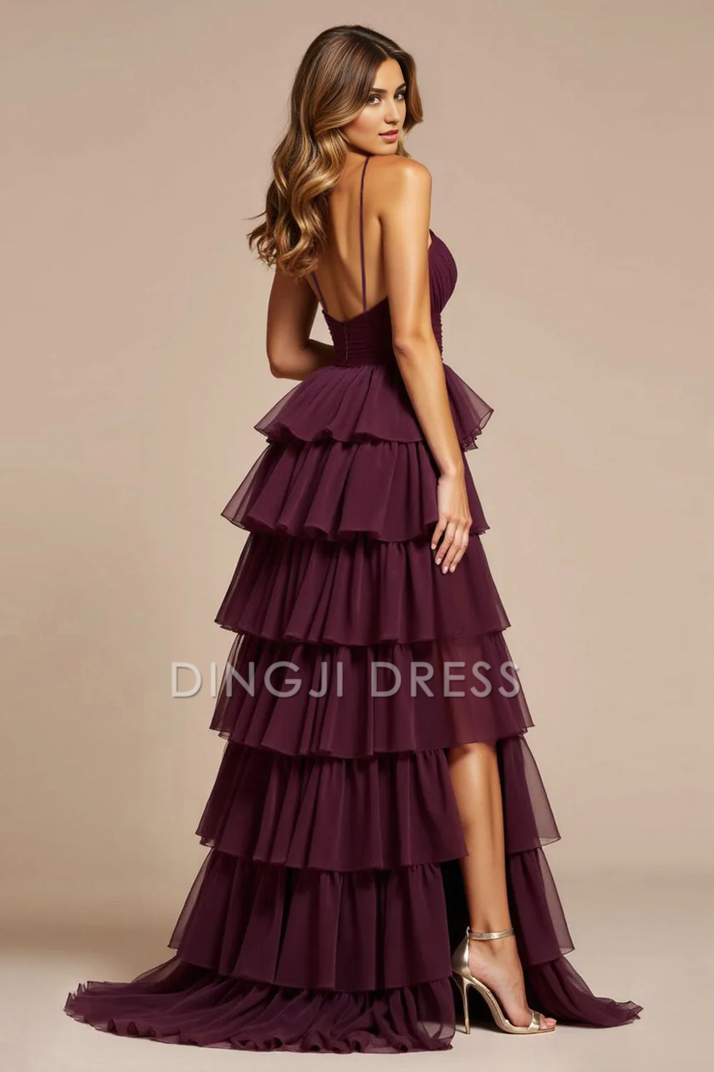 DingJiDress High Quality Dress Fashion A Line V-Neck Backless Ruched Tiered Exquisite Long With Slit Prom Dress