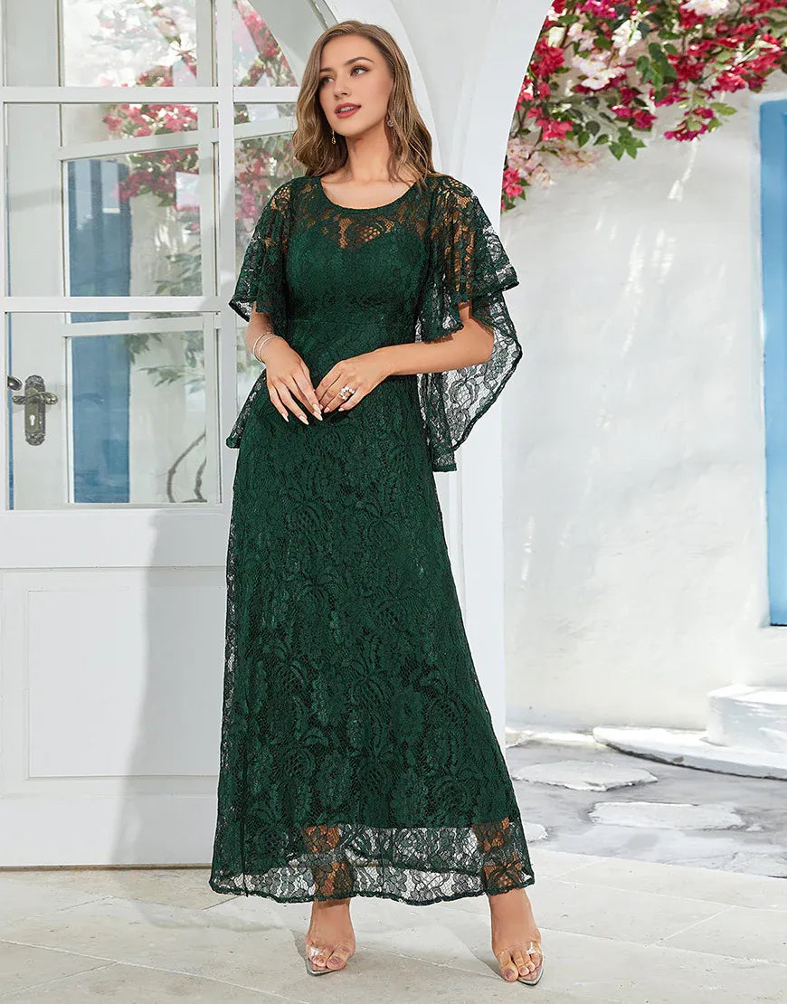 Black Lace A-line Round Neck Short Sleeves Mother of Bride Dress