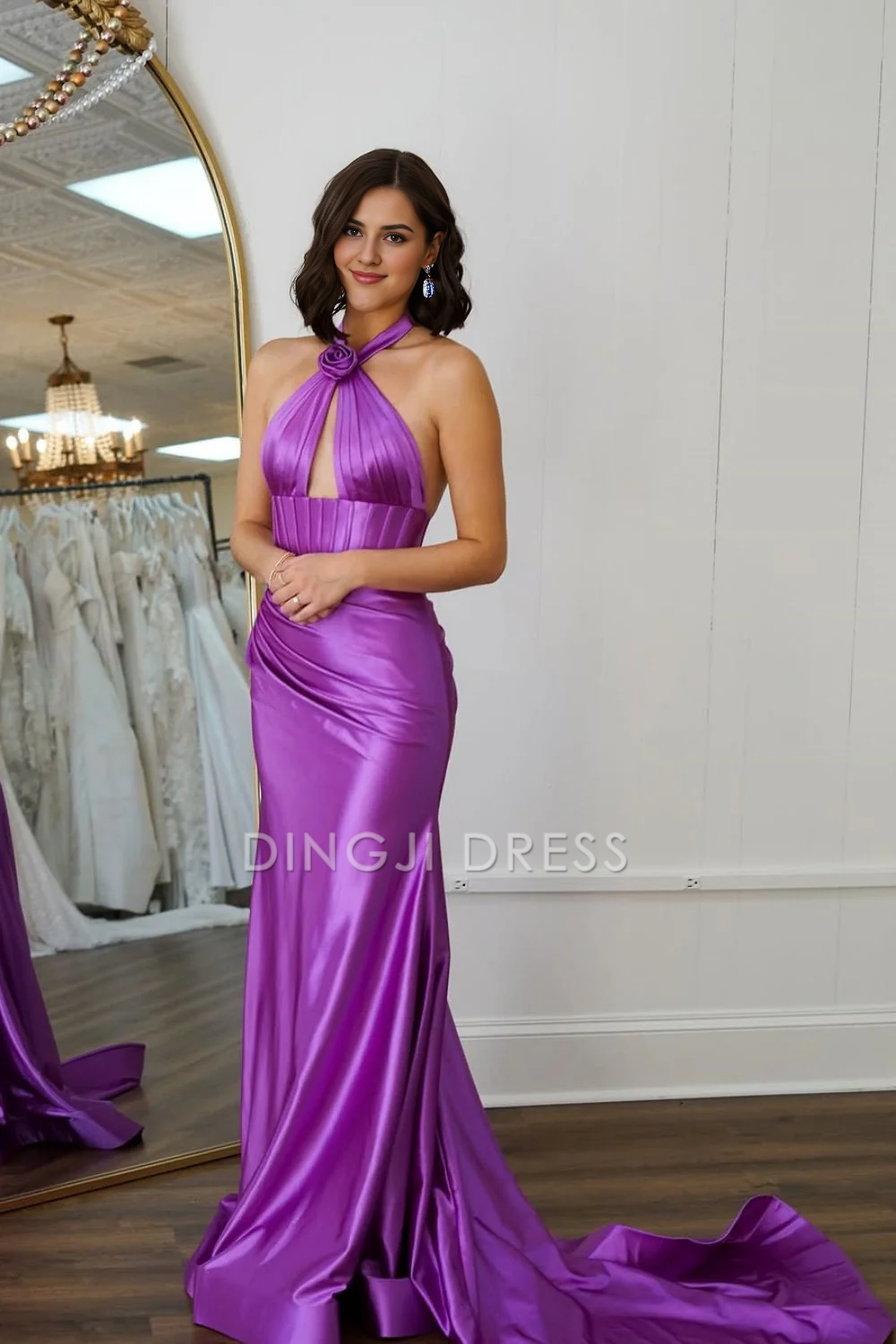DingJiDress Sweet Mermaid Unique Halter Neck Pleated Backless Long Satin Sweep Train Prom Dress