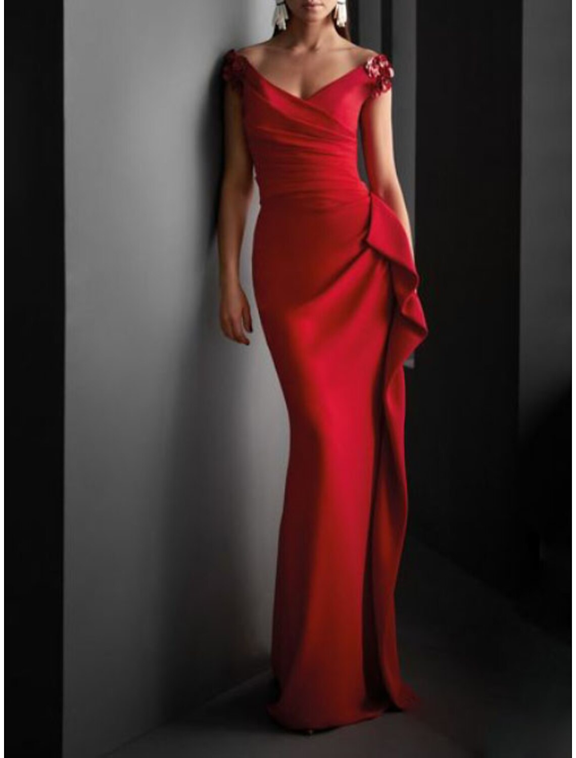 Sheath Evening Gown Sexy Dress Formal Evening Sweep / Brush Train Short Sleeve V Neck Fall Wedding Guest Jersey with Draping