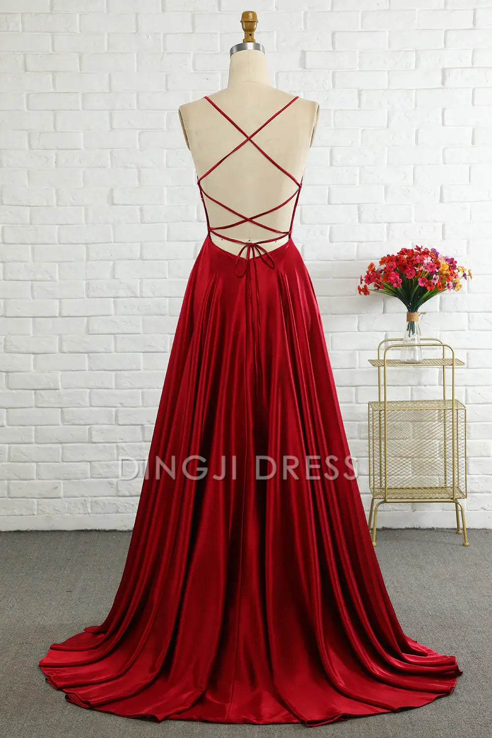 DingJiDress Simple A Line Spaghetti Straps Backless Lace up Long Elegant Prom Dress