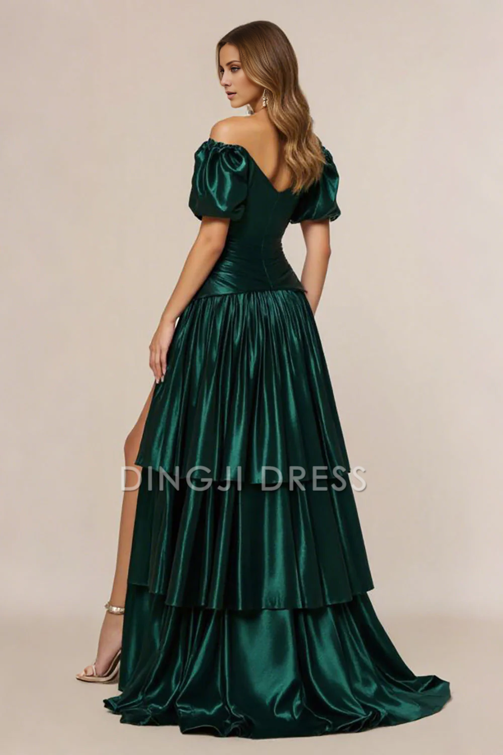 DingJiDress High Quality Dress Satin Elegant A Line Sweetheart Pleated Short Sleeves Side Fork Long Prom Dress