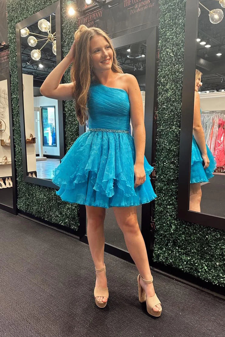 A Line One Shoulder Blue Organza Homecoming Dresses