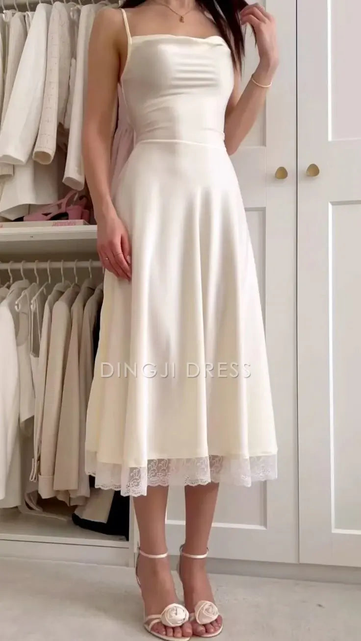 DingJiDress A Line Spaghetti Straps Lace Hemline Backless Exquisite Simple Prom Dress