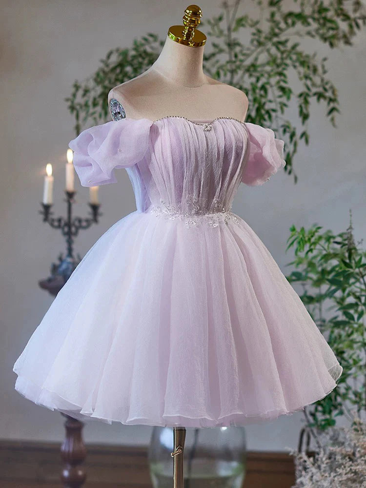 A-Line Sweetheart Neck Tulle Purple Short Prom Dress Purple Homecoming Dress