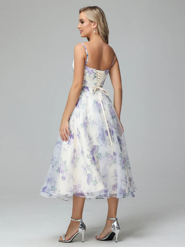 Spaghetti Straps Floral Print Tea Length Homecoming Dress