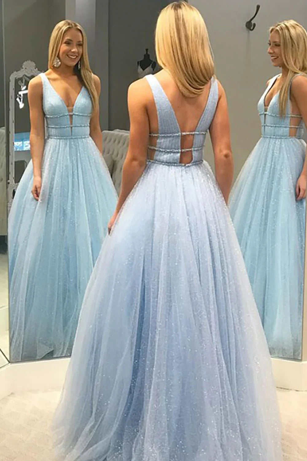 Light blue deep V-neck long sheer ball gown