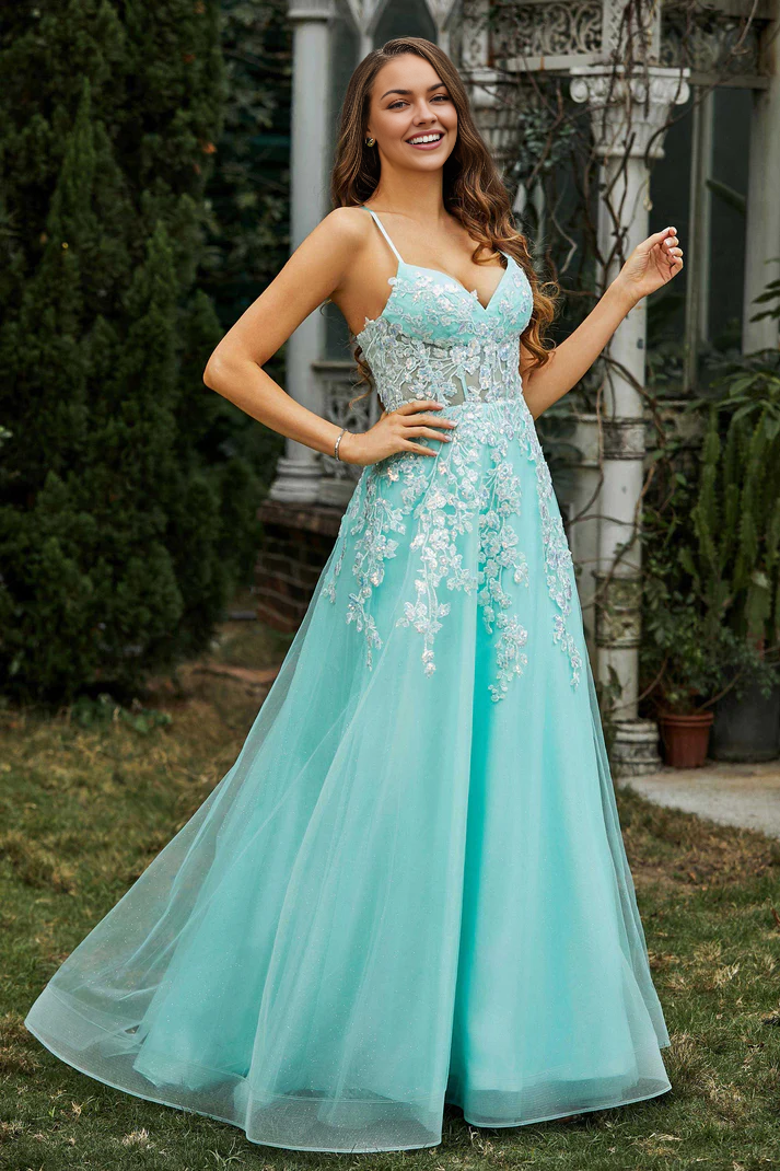 DingJiDress Formal Women's Dresses A-Line Sweetheart Spaghetti Straps Tulle Crossed Straps Sweep Train Applique Ruched Beaded Prom Dresses