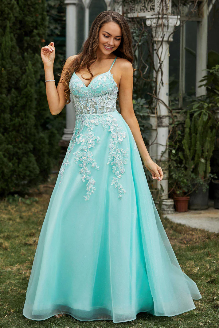DingJiDress Formal Women's Dresses A-Line Sweetheart Spaghetti Straps Tulle Crossed Straps Sweep Train Applique Ruched Beaded Prom Dresses