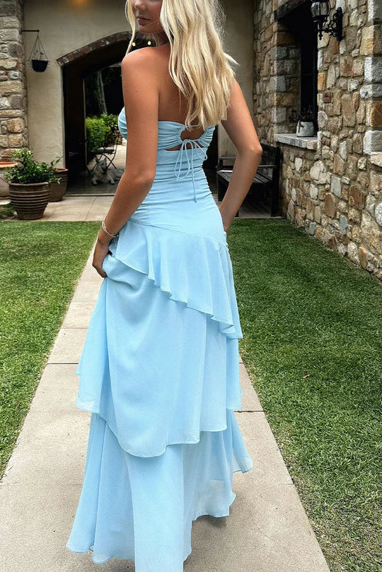 Blue Strapless Ruffles Sleeveless Chiffon Long Prom Party Dress