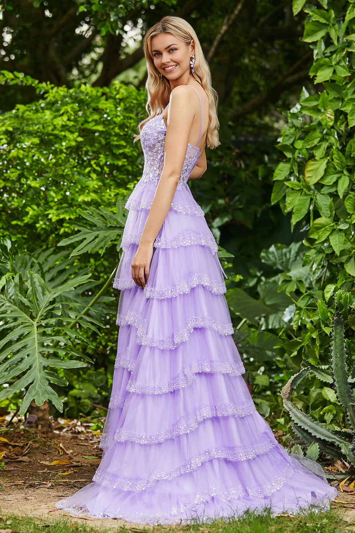 DingJiDress Formal Women's Dresses A-Line Spaghetti Straps Sweetheart Tulle Slit Lace Up Sweep Train Ruffles Sequins Beaded Prom Dresses