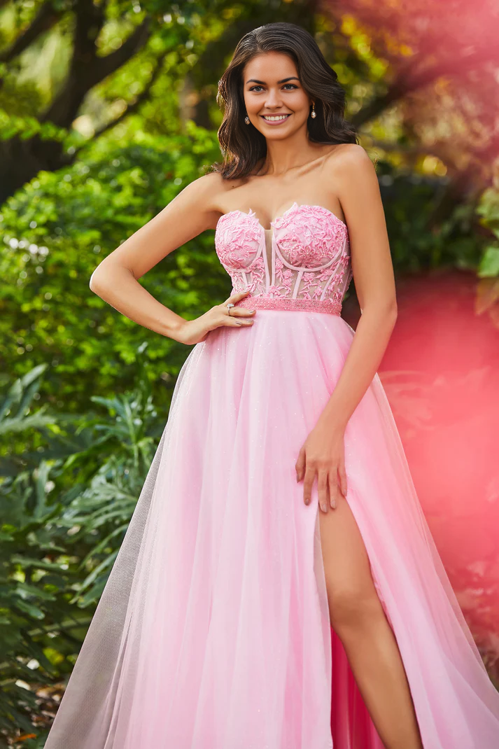 DingJiDress Formal Women's Dresses A-Line Sweetheart Strapless Slit Tulle Backless Lace Up Floor-Length Applique Beaded Prom Dresses