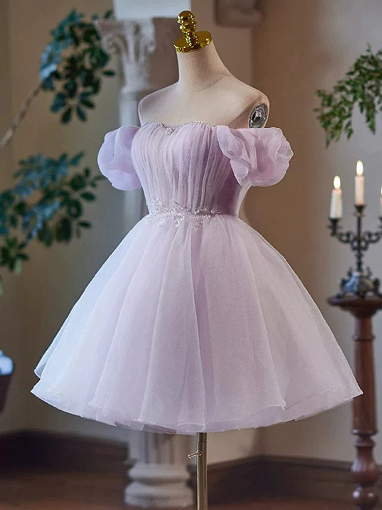 A-Line Sweetheart Neck Tulle Purple Short Prom Dress Purple Homecoming Dress