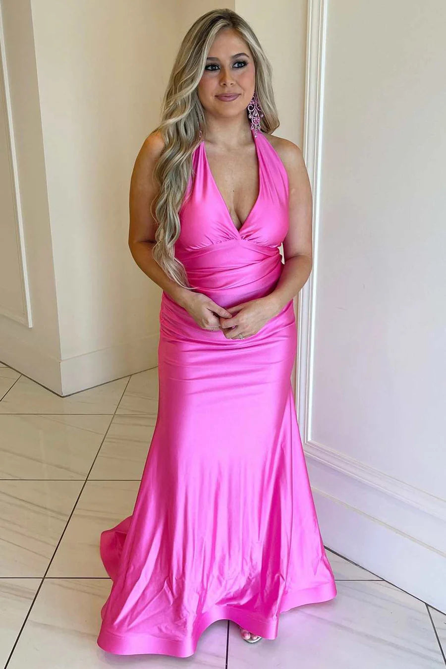 Fuchsia Halter Tie-Back Mermaid Long Prom Dress