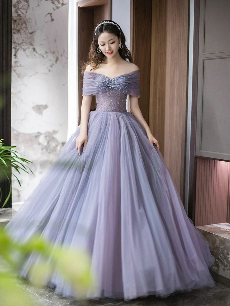 Purple A-Line Off Shoulder Tulle Beading Long Prom Dress