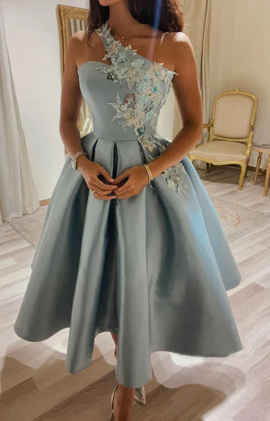 Blue Elegant Satin Single Shoulder Lace Short Ball Dress Evening Dress