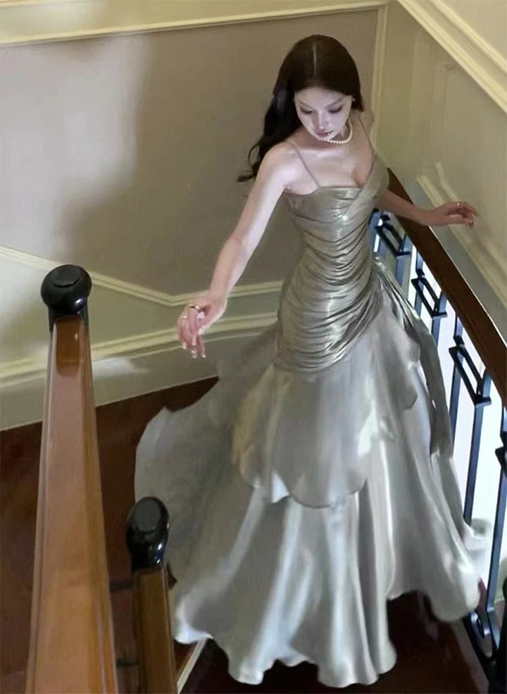 Beautiful Sliver Grey Straps Chic Long Party Dress Long Evening Dress Prom Dress