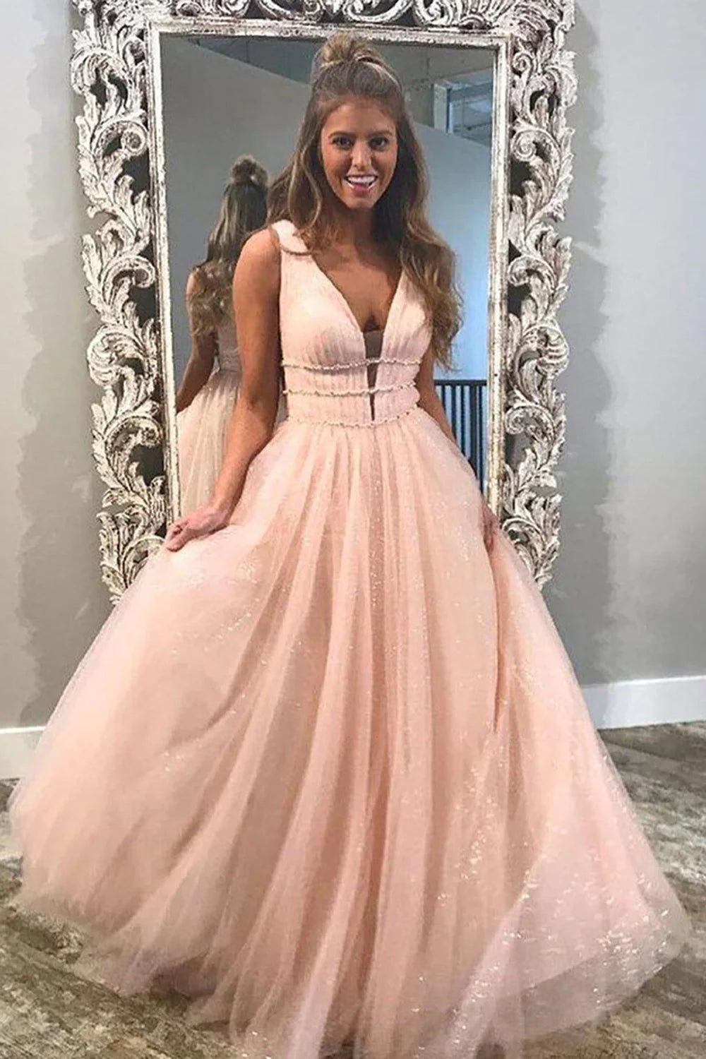 Light blue deep V-neck long sheer ball gown