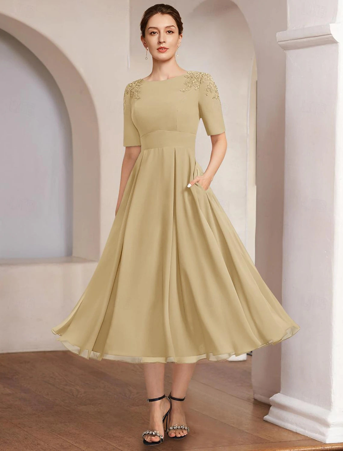 A-Line Mother of the Bride Dress Beach Wedding Formal Elegant Bateau Neck Tea Length Chiffon Half Sleeve with Lace