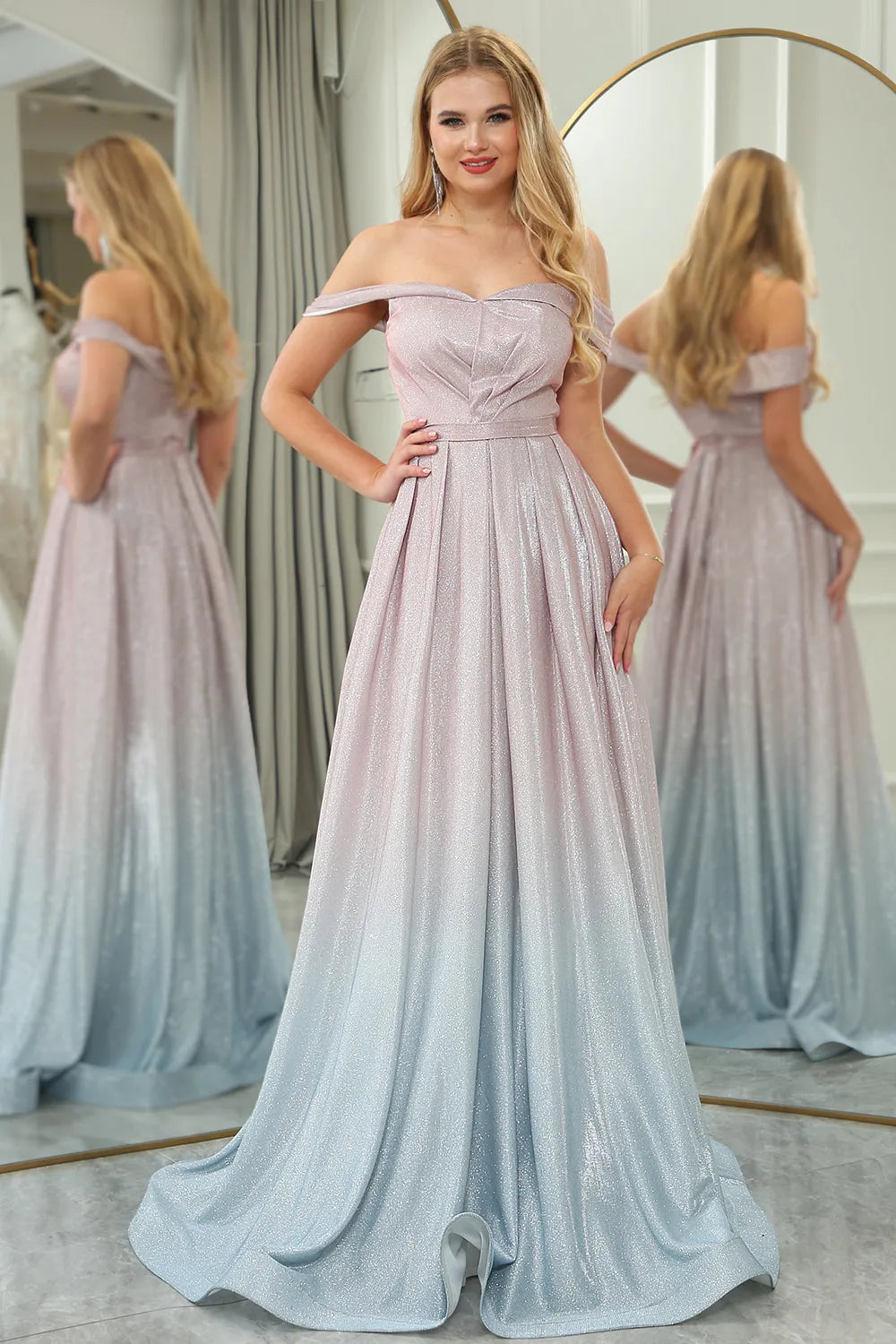 Simple and atmospheric A-line version off shoulder long ball party dress
