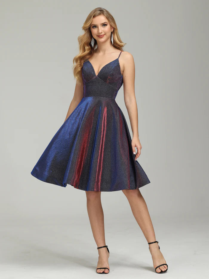 Glitter Spaghetti Straps V-neck Knee Length Homecoming Dress