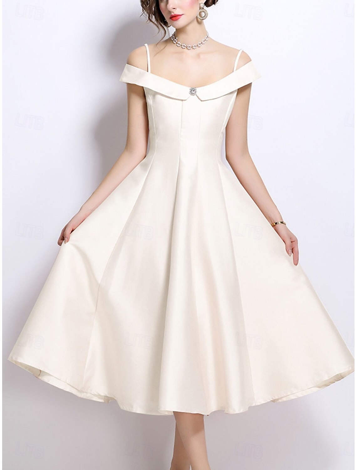 A-Line Party Dresses Elegant Dress Wedding Wedding Guest Tea Length Sleeveless Off Shoulder Polyester Backless with Pleats