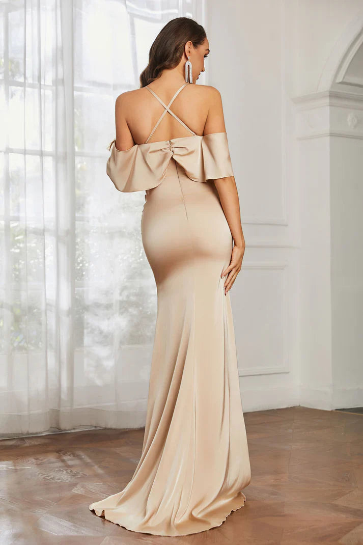 DingJiDress Evening Dress One Shoulder Sleeveless Sweetheart Neckline Open Back Ruched Flutter Sleeves Dress Sweep Train Wedding Guest Dresses