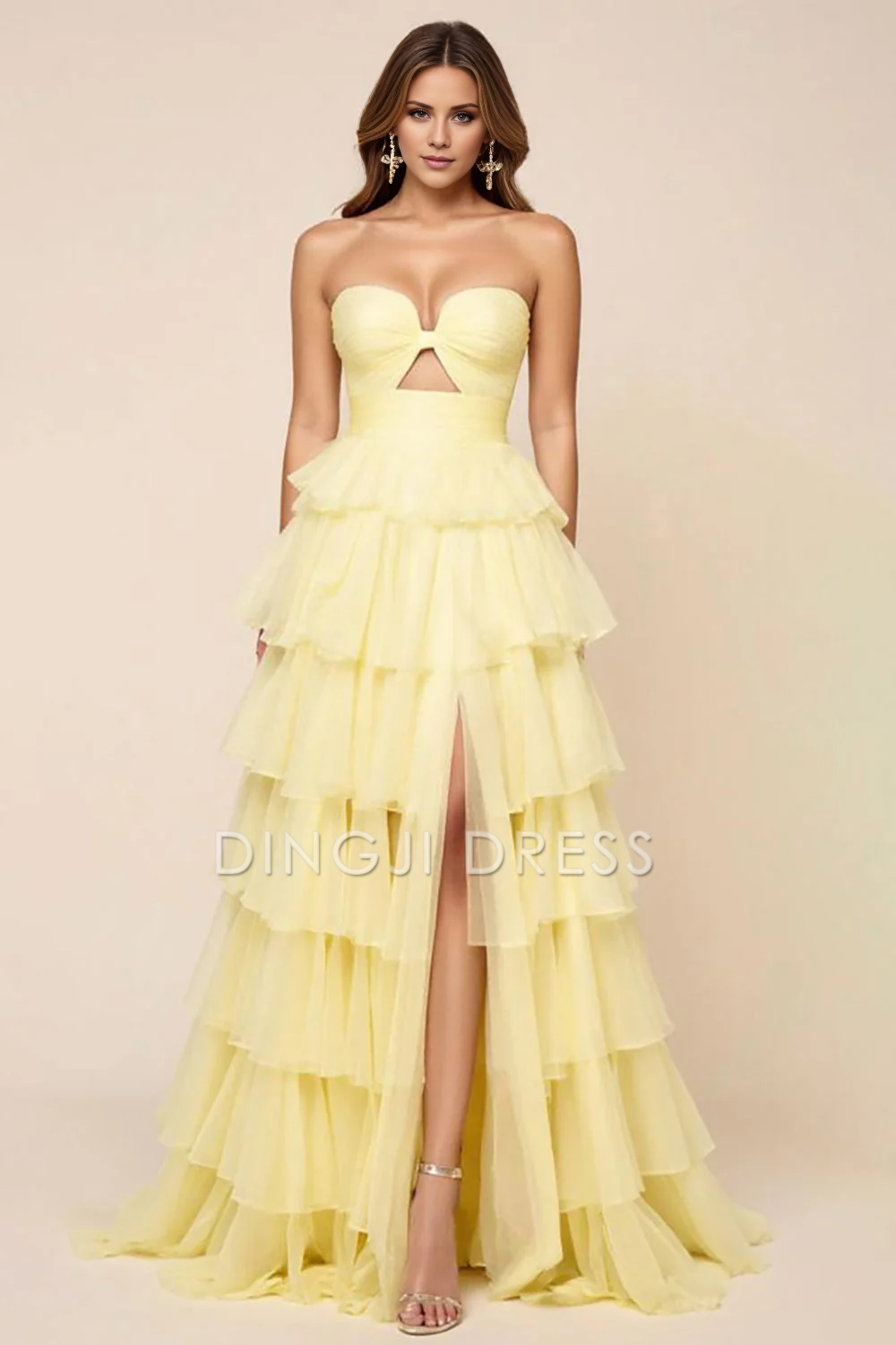 DingJiDress High Quality Dress Elegant Strapless Tulle Ruched Tiers With Slit Long Prom Dress