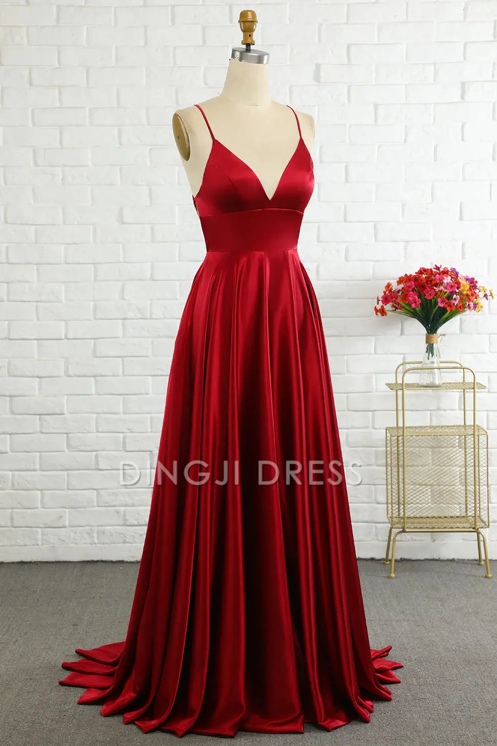 DingJiDress Simple A Line Spaghetti Straps Backless Lace up Long Elegant Prom Dress