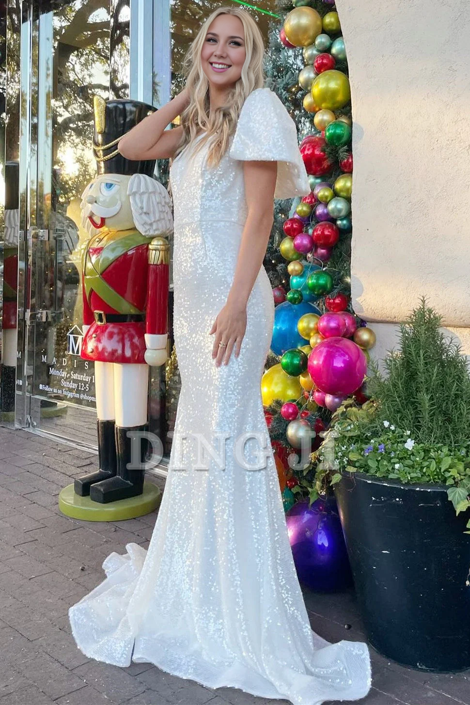 DingJiDress Sparkle Charming Evening Dress Mermaid Cultivate oneself Sequin One Shoulder Bow Strap Long Prom Dress Sweep Train Exquisite Formal Wear Dresses Wedding Guest Dresses