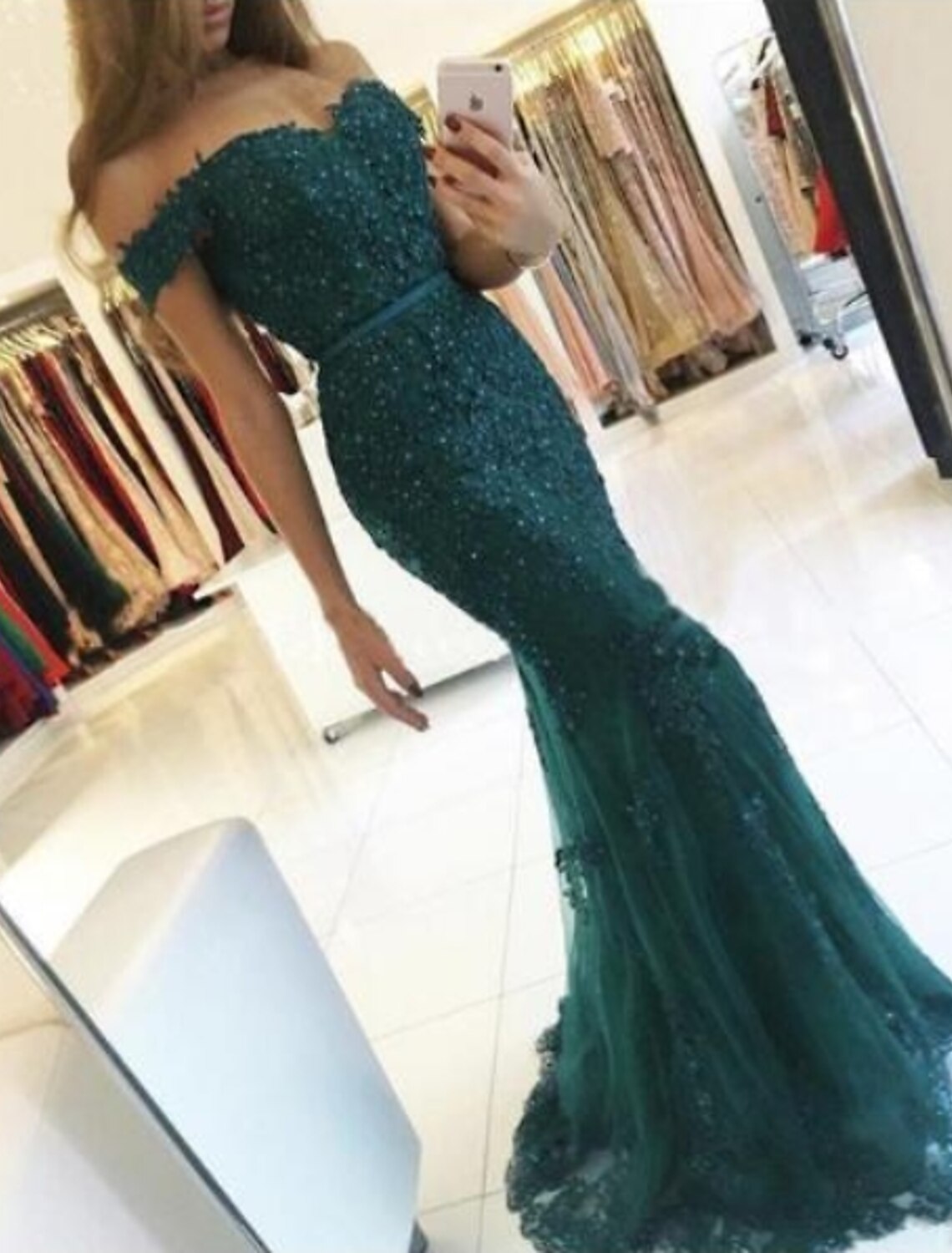 Mermaid Trumpet Sparkle Prom Formal Evening Dress Off Shoulder Short Sleeve Sweep / Brush Train Lace with Sequin Appliques Masquerade Dress